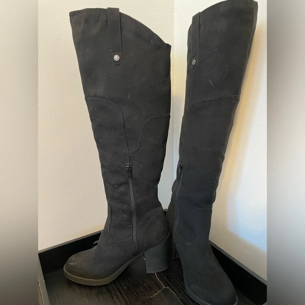 Black Faux Suede Over The Knee Boots Block Heel Side Zip‎ Women's Size 7.5